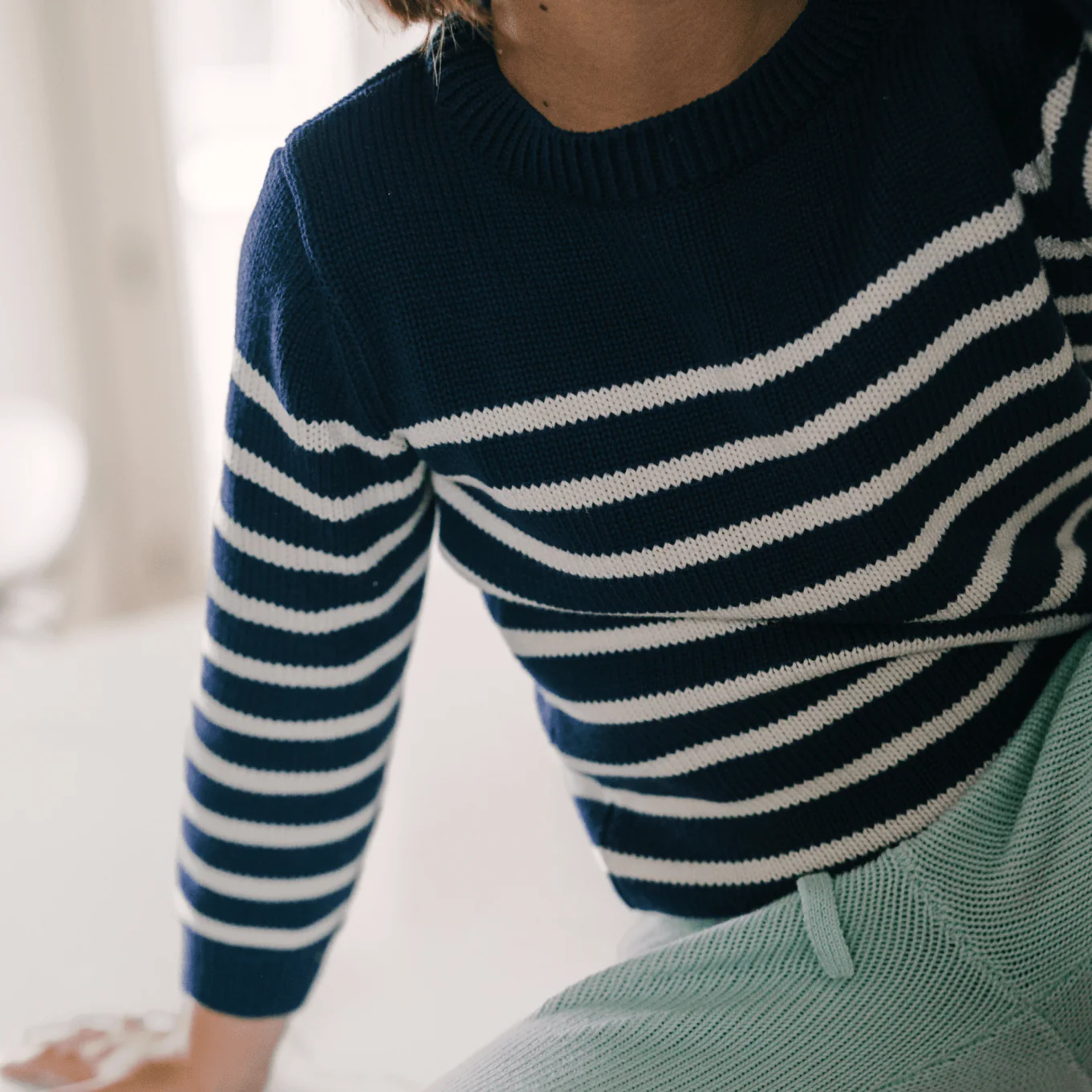 unisex navy and cream stripe knit sweater - Image 6